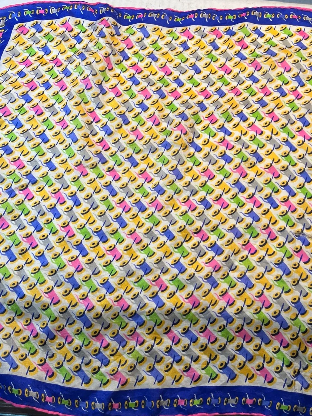 100% silk Scarf - Blue & Pink features sewing motif 17X17